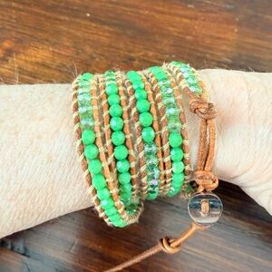 Handmade Green Glass Beaded Wrap Bracelet